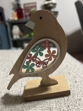 Wooden, small Decorative Bird Figurine with Pastel Flowers